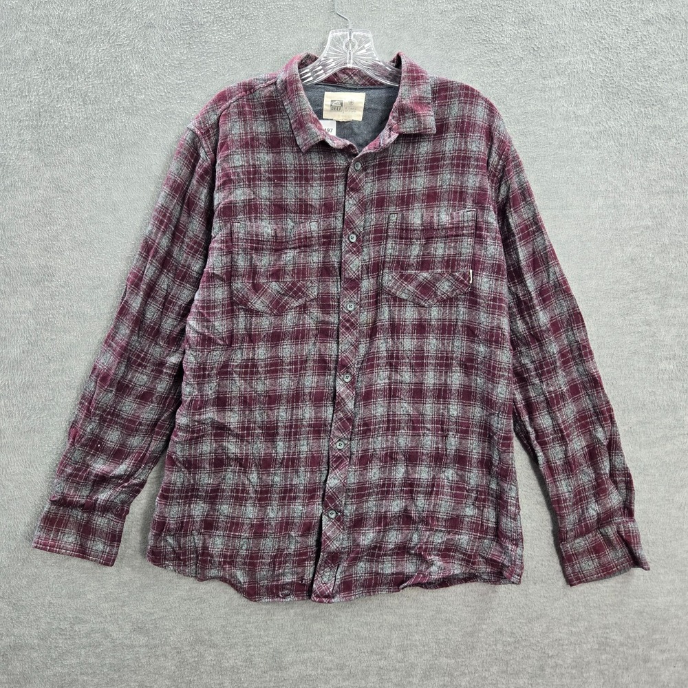 Reef Men Button Up Shirt Large Red Plaid Flannel Long Sleeve Collar READ